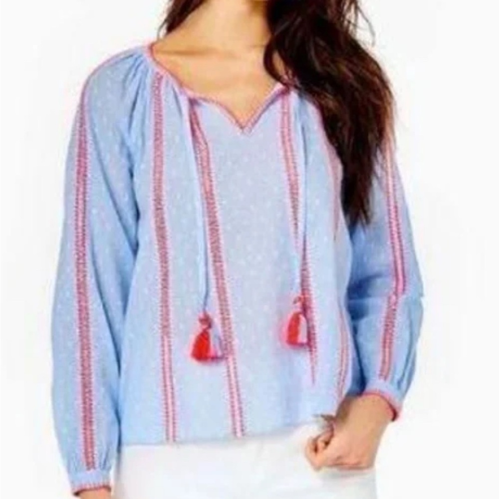 Lilly Pulitzer Mardi Chambray Long Sleeve Tunic Blouse Blue Pink 0042